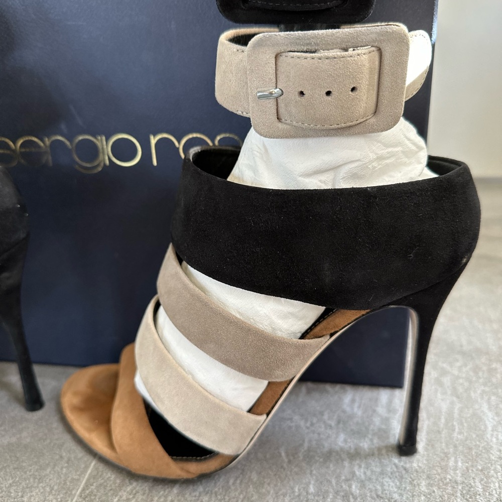 Sergio Rossi Multicolor Suede Strappy High Heel Sandals - Black, Beige, Tan